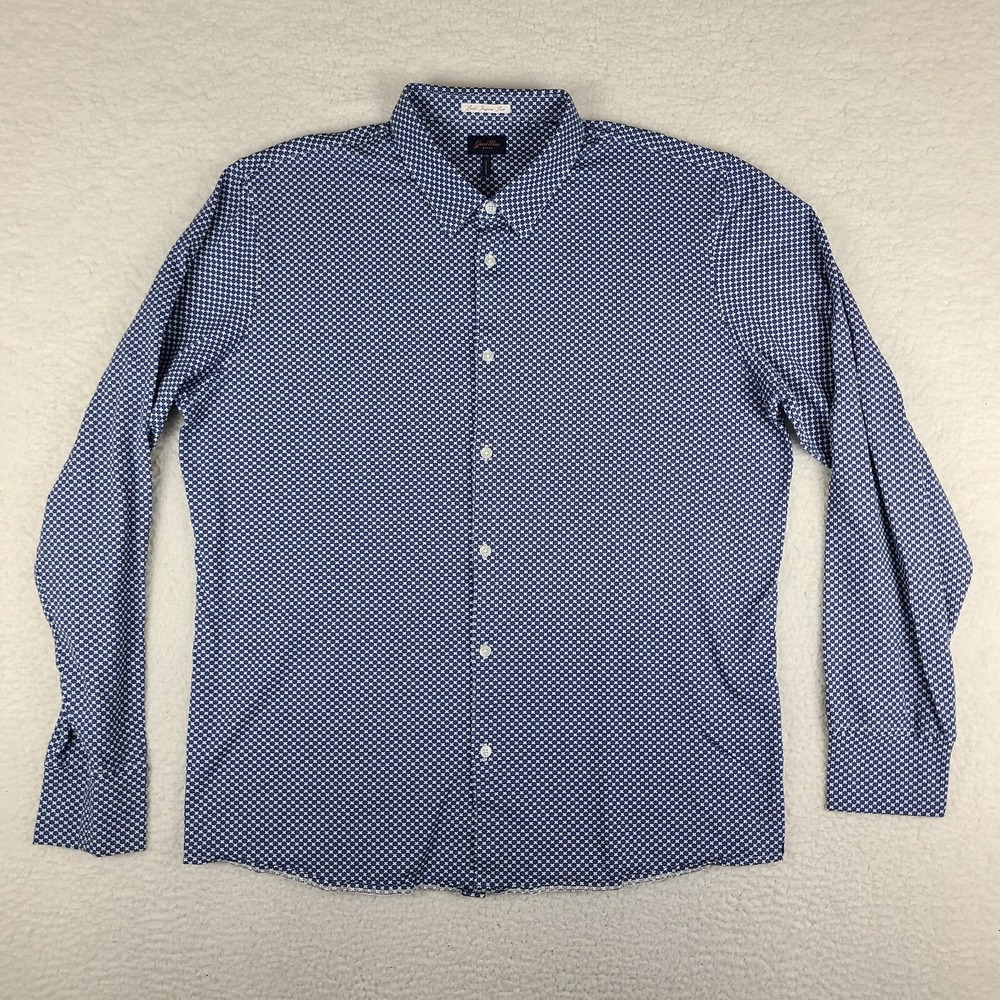 Goodman Shirt Mens 2XL XXL Blue White Geometric‎ Stretch Preppy Dress Button Up